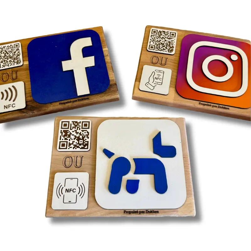 Plaque 3D simple horizontal - NFC & QRcode (Hêtre, Google avis)