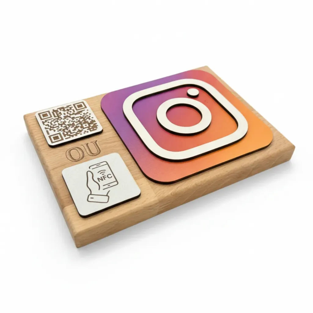 Plaque simple horizontal - NFC & QRcode (Hêtre, Google avis)